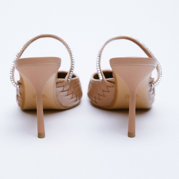 Zara Beige Sparkly Pointed Toe Woven Heels Size 8/39 - Picture 4 of 5